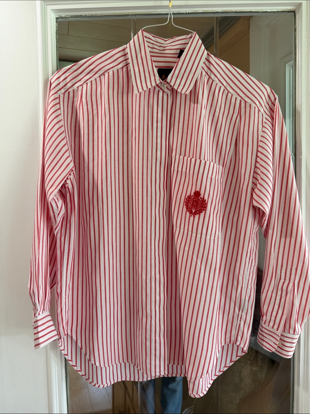 Liz Sport red white striped button front shirt w/ chest logo - size M - VINTAGE